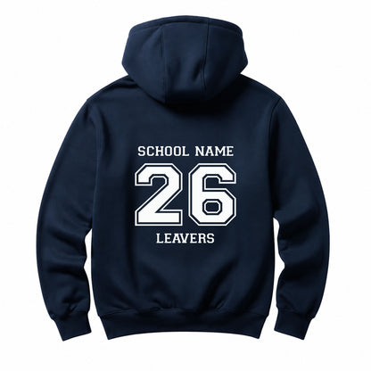 School leavers navy hoodie with custom iron-on "School" design in white on the back.