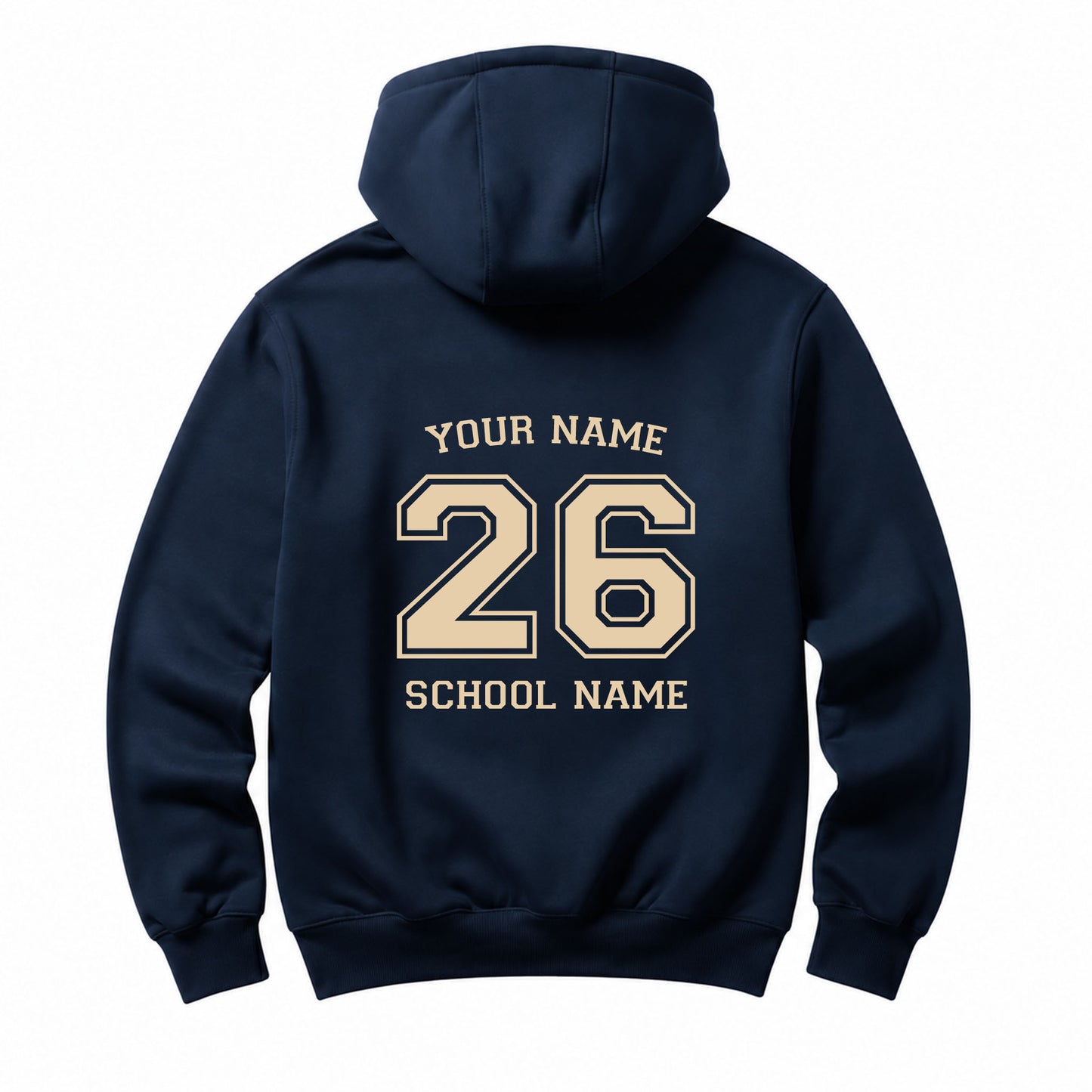 School leavers navy hoodie with custom iron-on "School & Name" design in beige on the back.