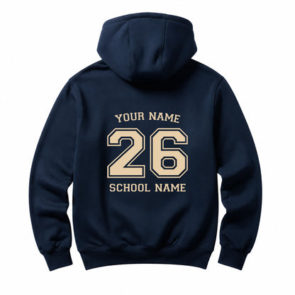 School leavers navy hoodie with custom iron-on "School & Name" design in beige on the back.