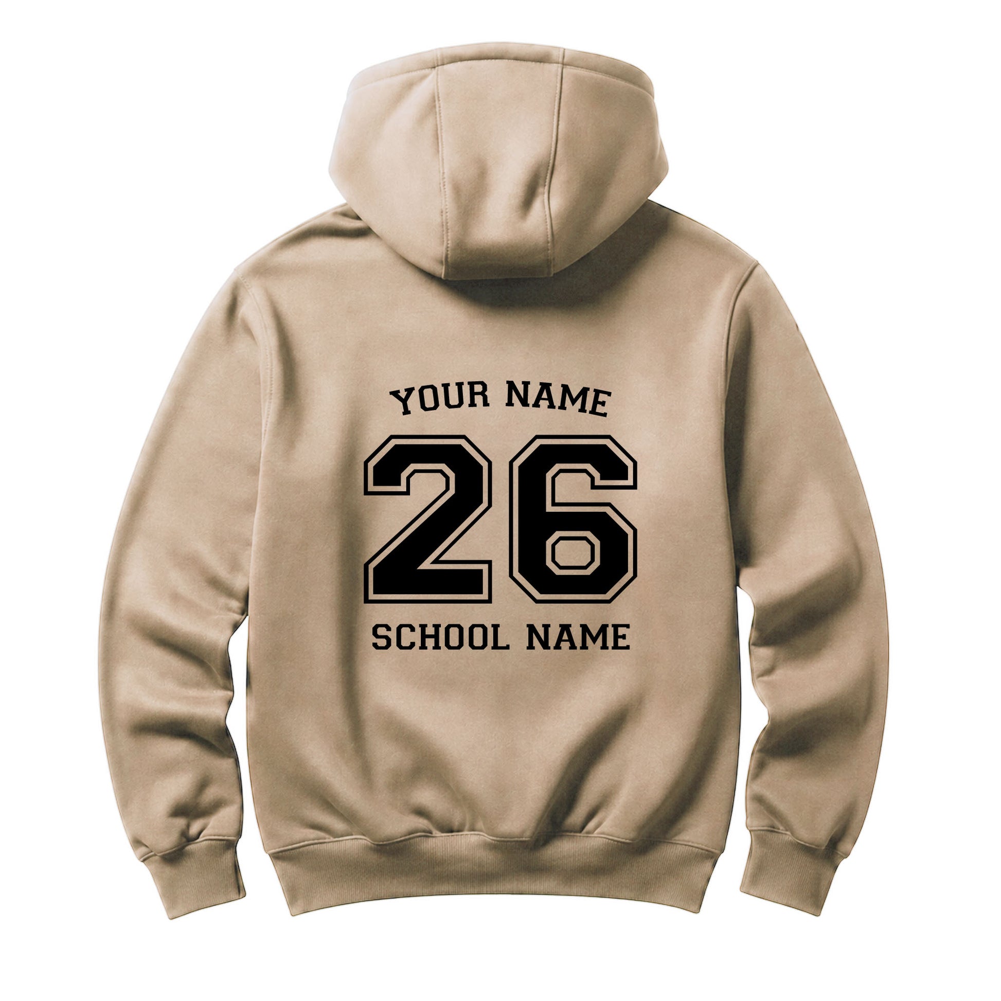 School leavers beige hoodie with custom iron-on "School & Name" design in black on the back.