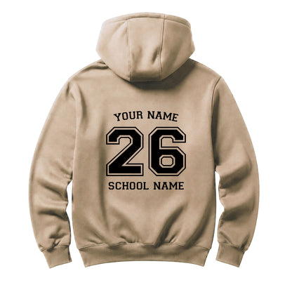 School leavers beige hoodie with custom iron-on "School & Name" design in black on the back.