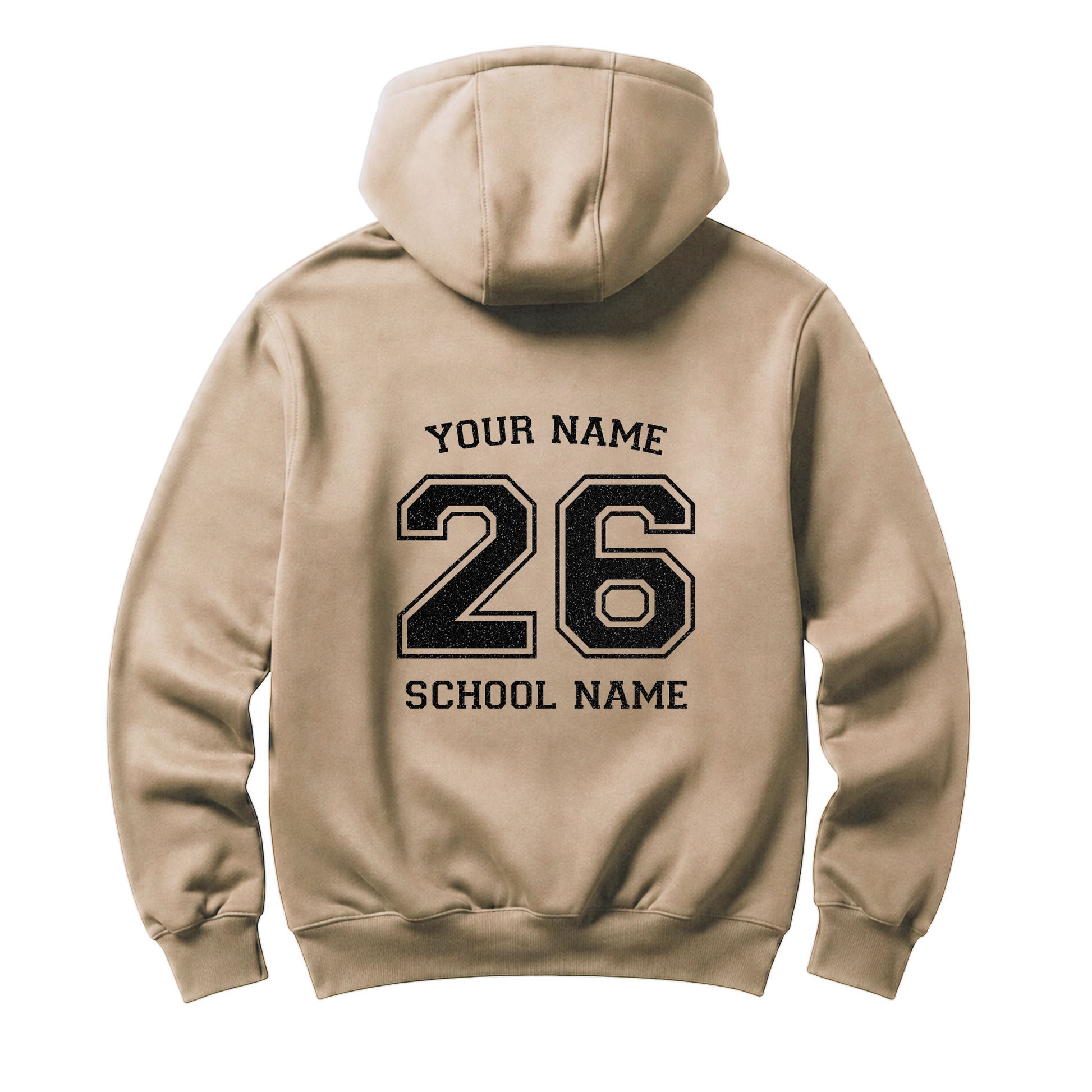 School leavers beige hoodie with custom iron-on "School & Name" design in black glitter on the back.