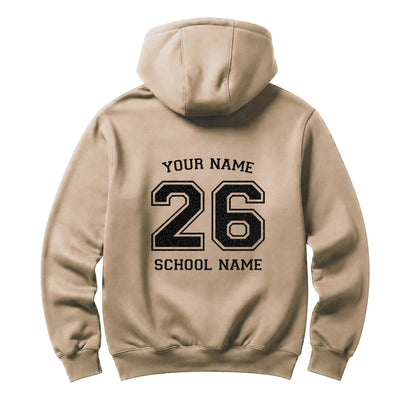 School leavers beige hoodie with custom iron-on "School & Name" design in black glitter on the back.