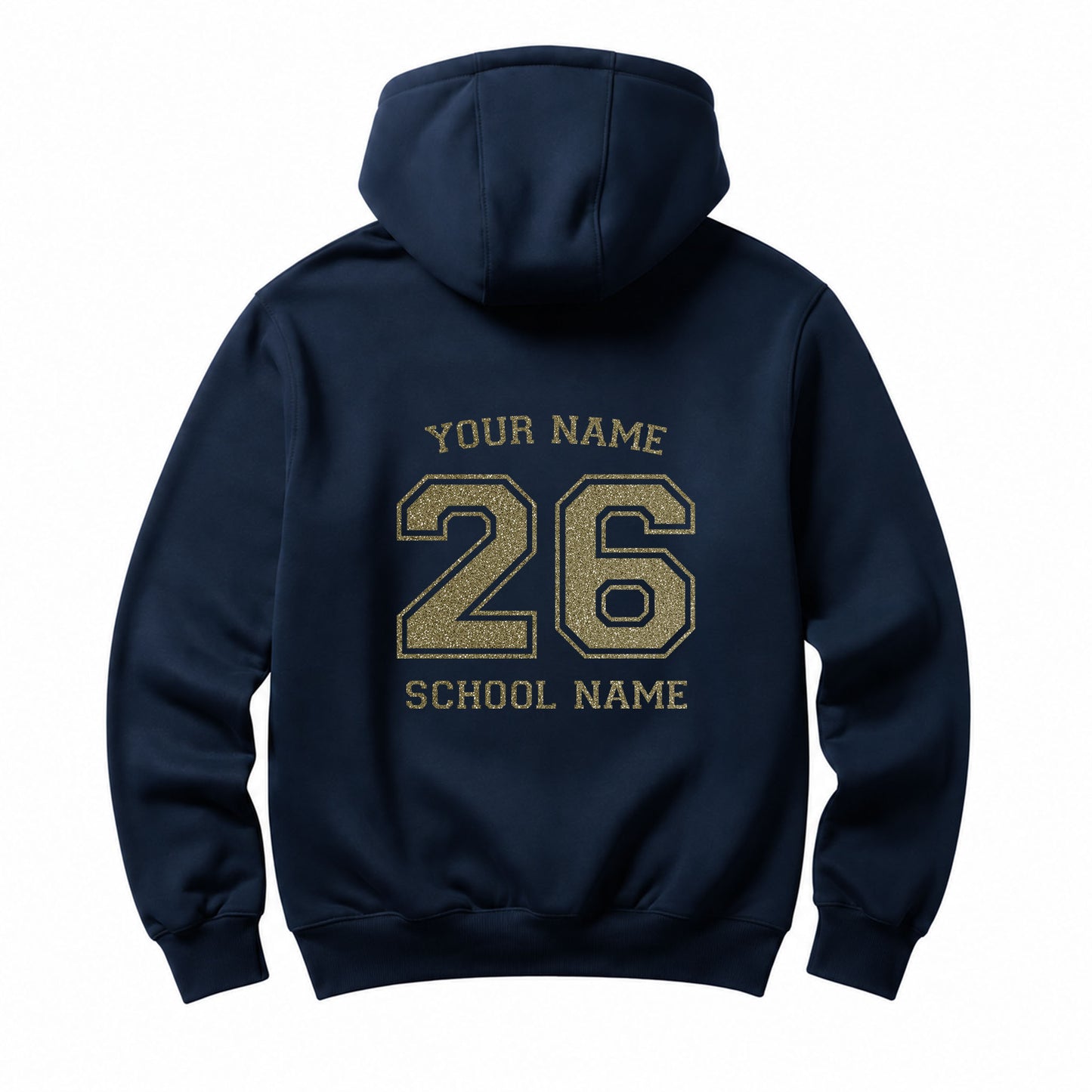 School leavers navy hoodie with custom iron-on "School & Name" design in champagne glitter on the back.