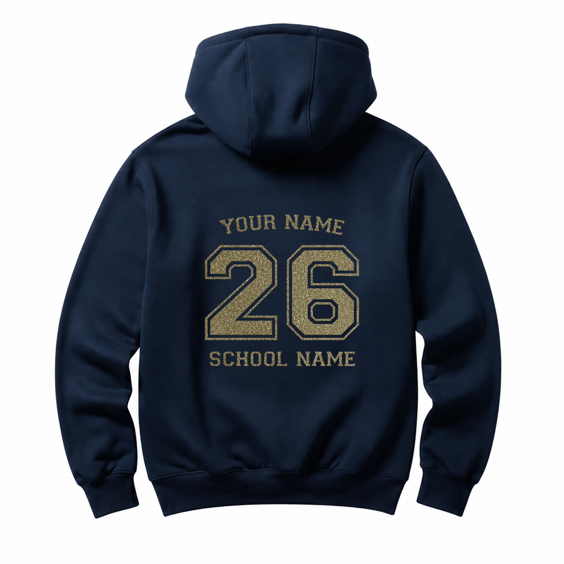 School leavers navy hoodie with custom iron-on "School & Name" design in champagne glitter on the back.