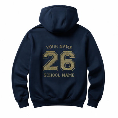 School leavers navy hoodie with custom iron-on "School & Name" design in champagne glitter on the back.