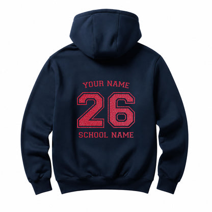 School leavers navy hoodie with custom iron-on "School & Name" design in coral glitter on the back.