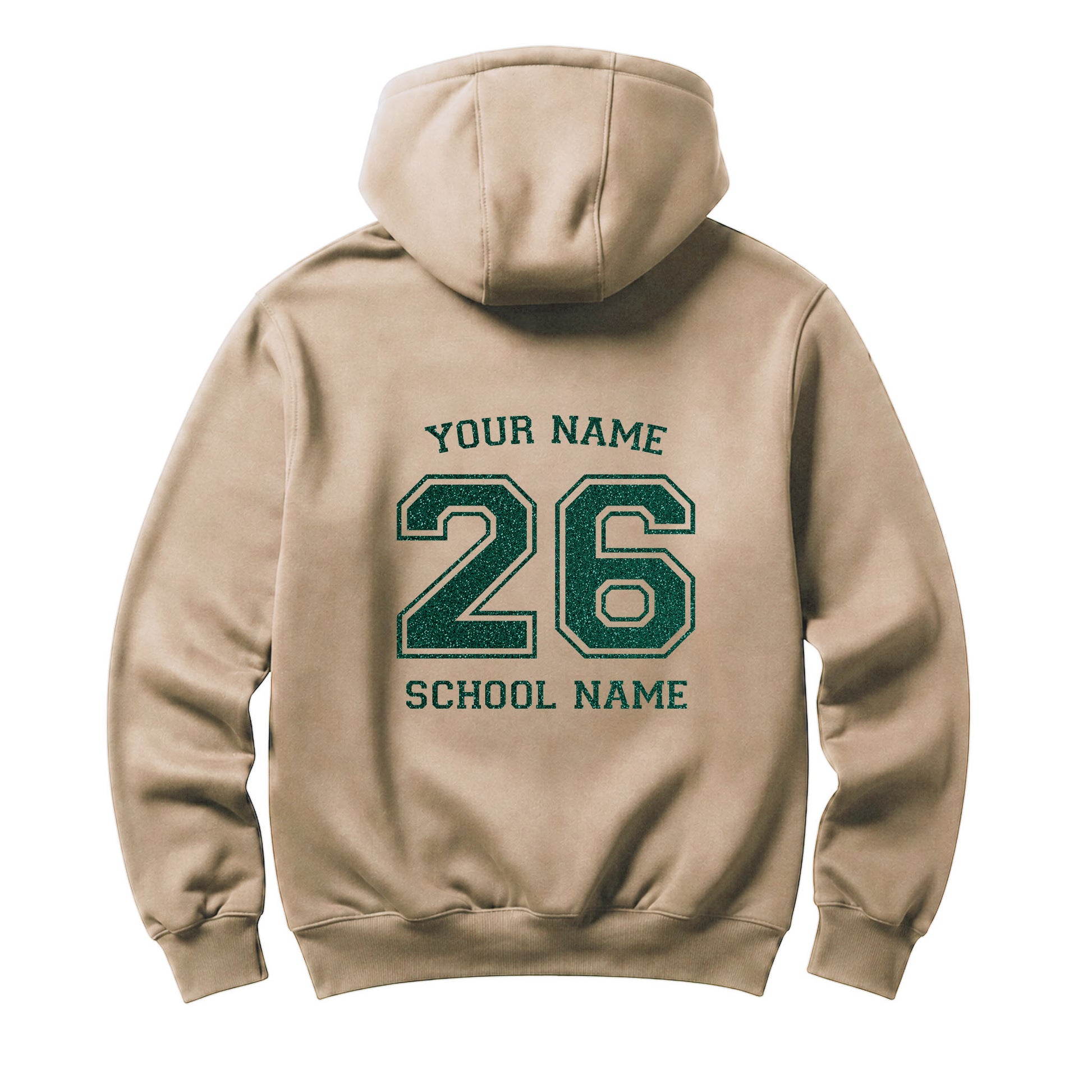 School leavers navy hoodie with custom iron-on "School & Name" design in emerald glitter on the back.