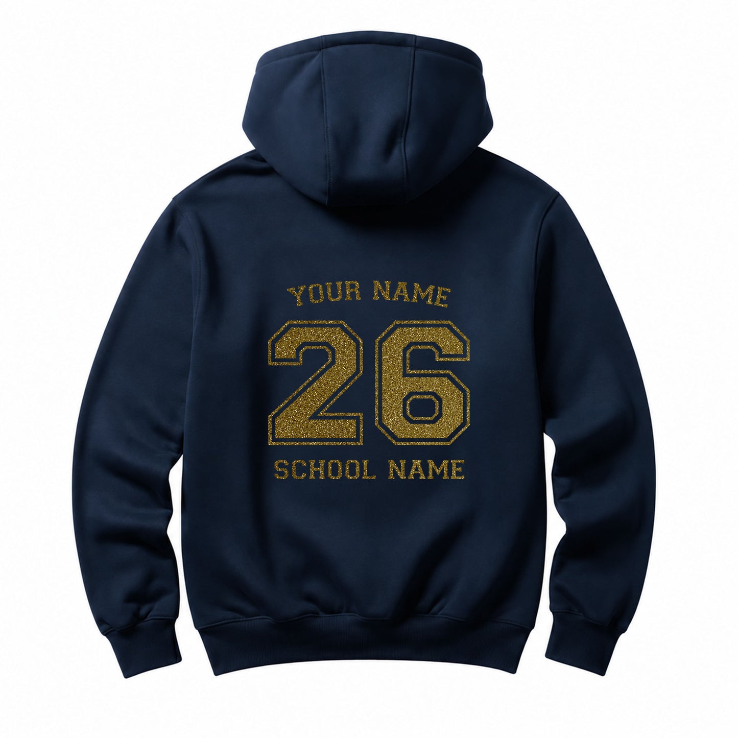 School leavers navy hoodie with custom iron-on "School & Name" design in gold glitter on the back.