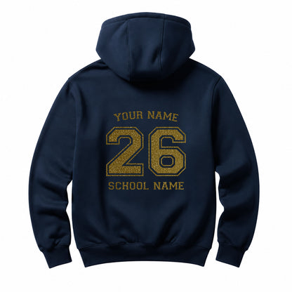 School leavers navy hoodie with custom iron-on "School & Name" design in gold glitter on the back.