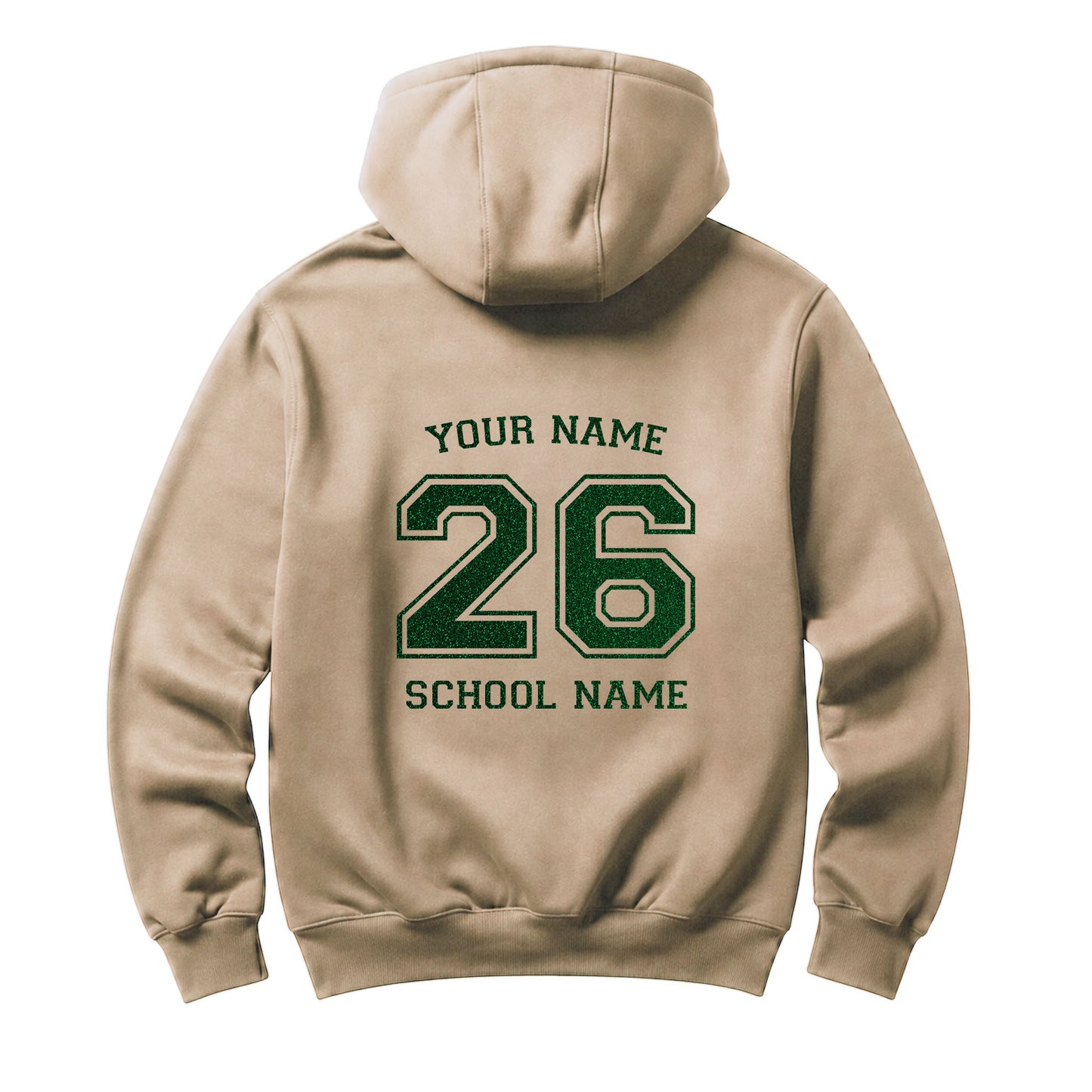 School leavers beige hoodie with custom iron-on "School & Name" design in green glitter on the back.