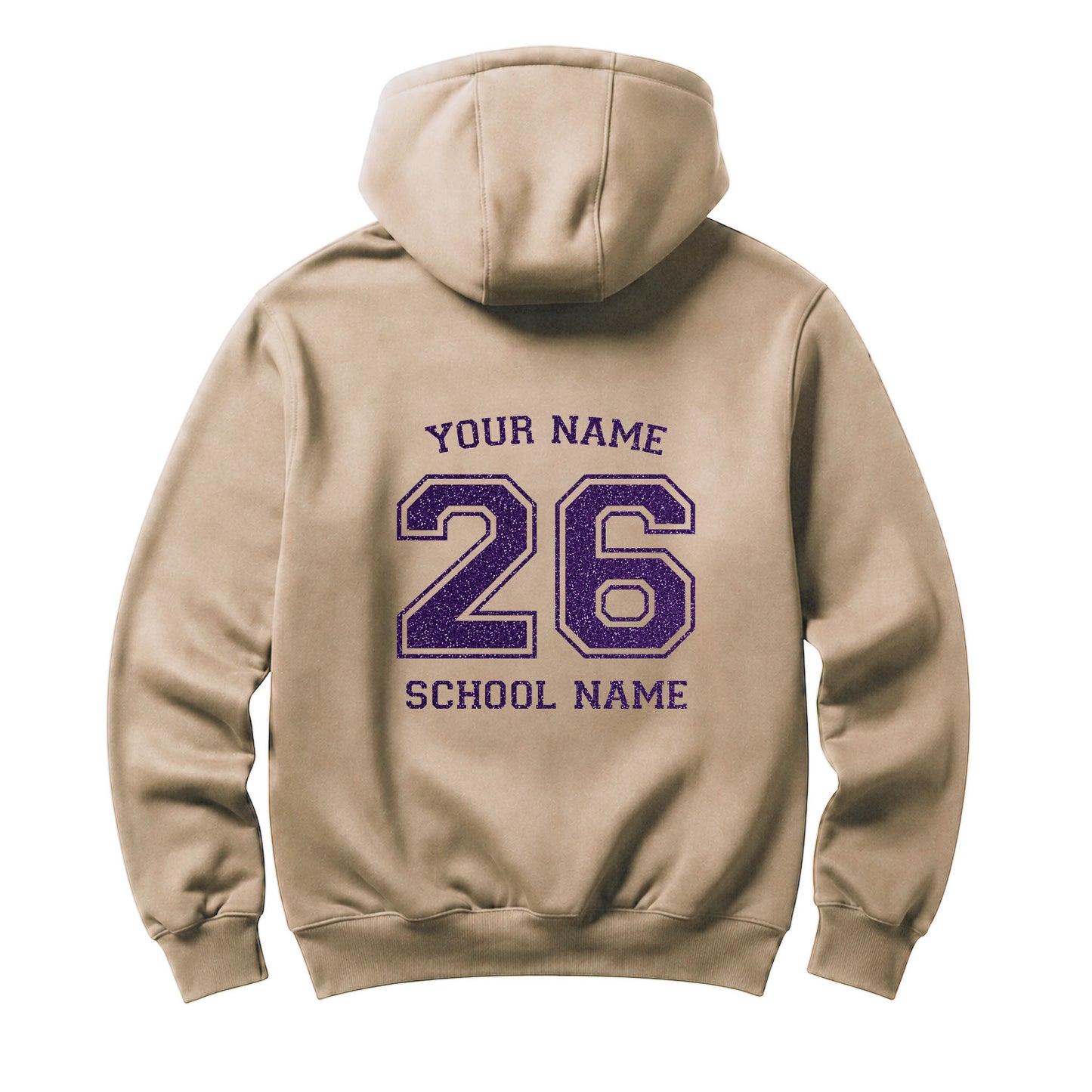 School leavers beige hoodie with custom iron-on "School & Name" design in lavender glitter on the back.
