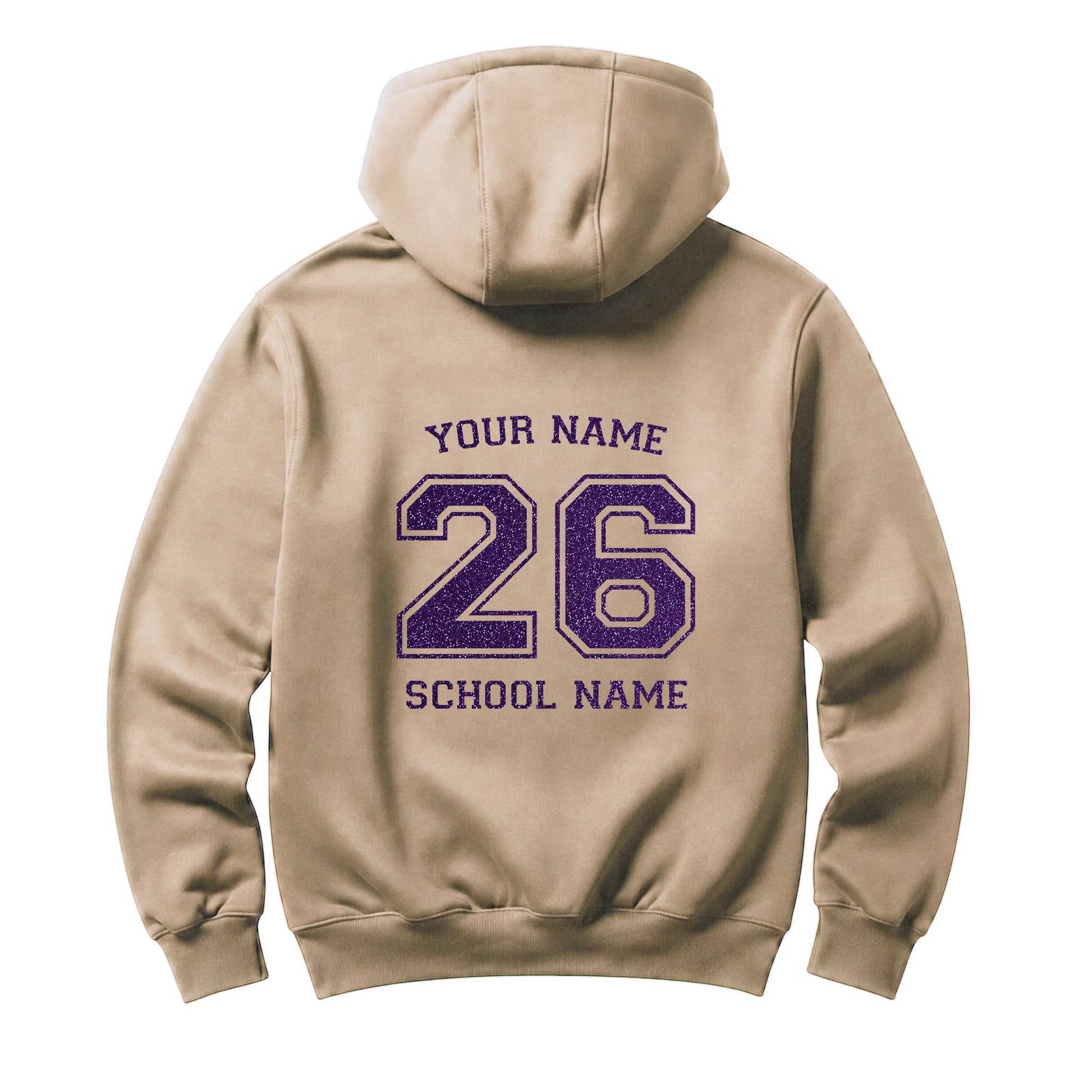 School leavers beige hoodie with custom iron-on "School & Name" design in lavender glitter on the back.