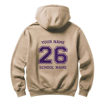 School leavers beige hoodie with custom iron-on "School & Name" design in lavender glitter on the back.