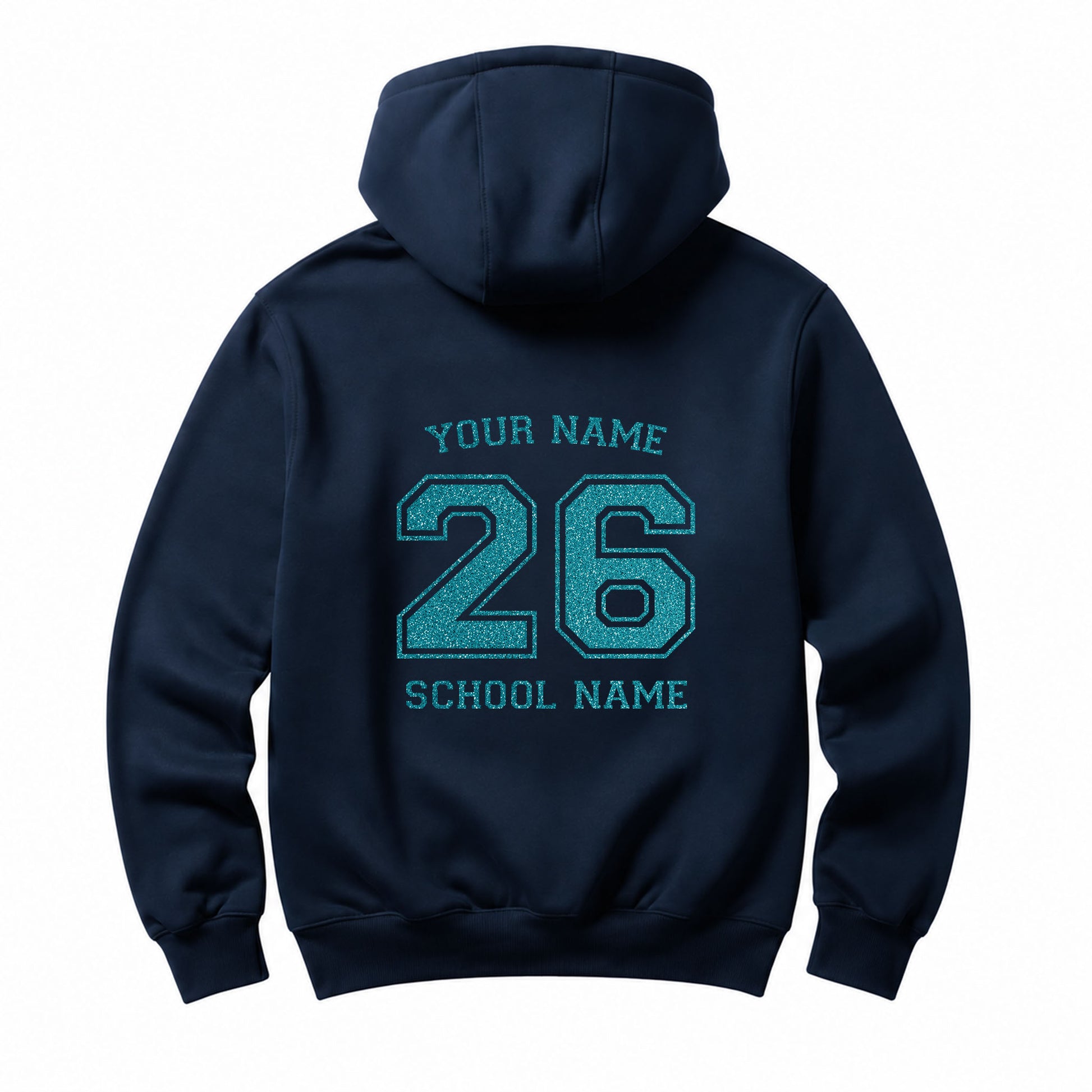 School leavers navy hoodie with custom iron-on "School & Name" design in light blue glitter on the back.