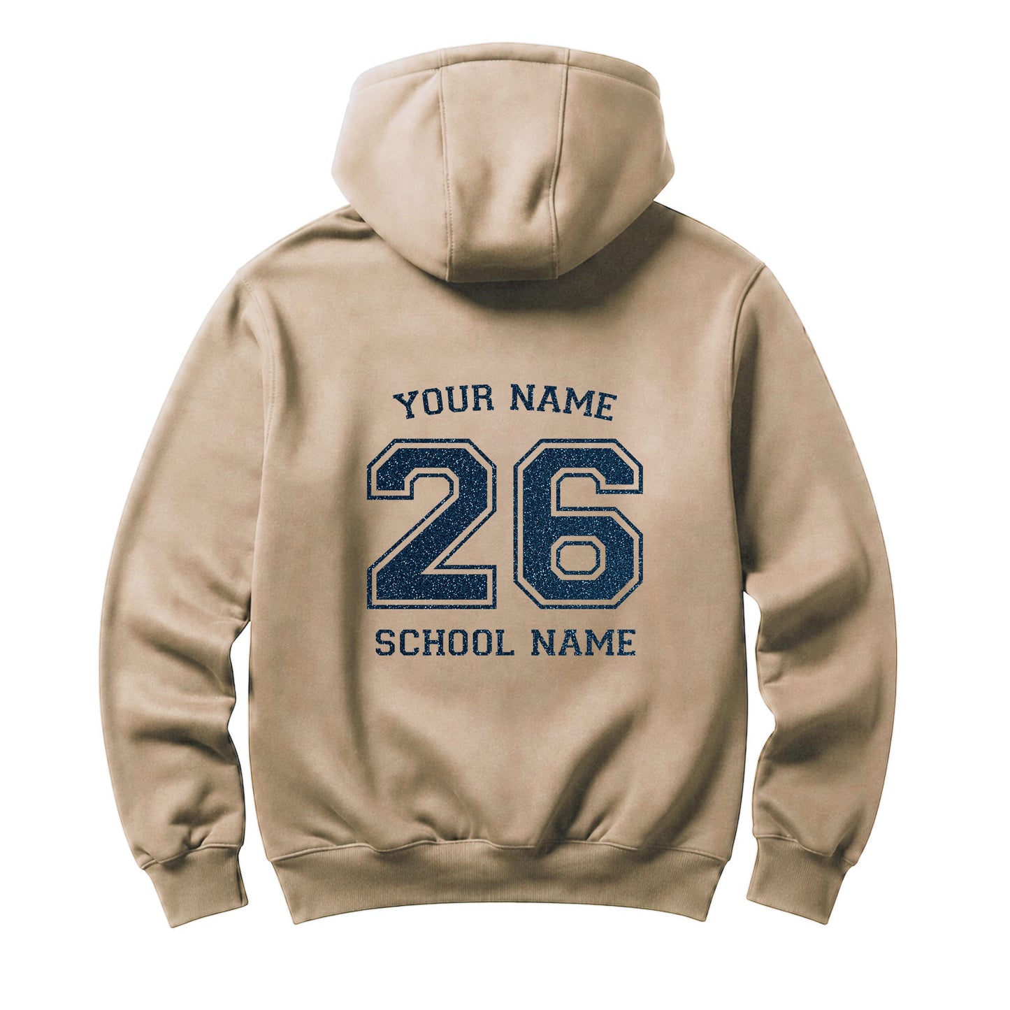 School leavers beige hoodie with custom iron-on "School & Name" design in navy blue glitter on the back. 