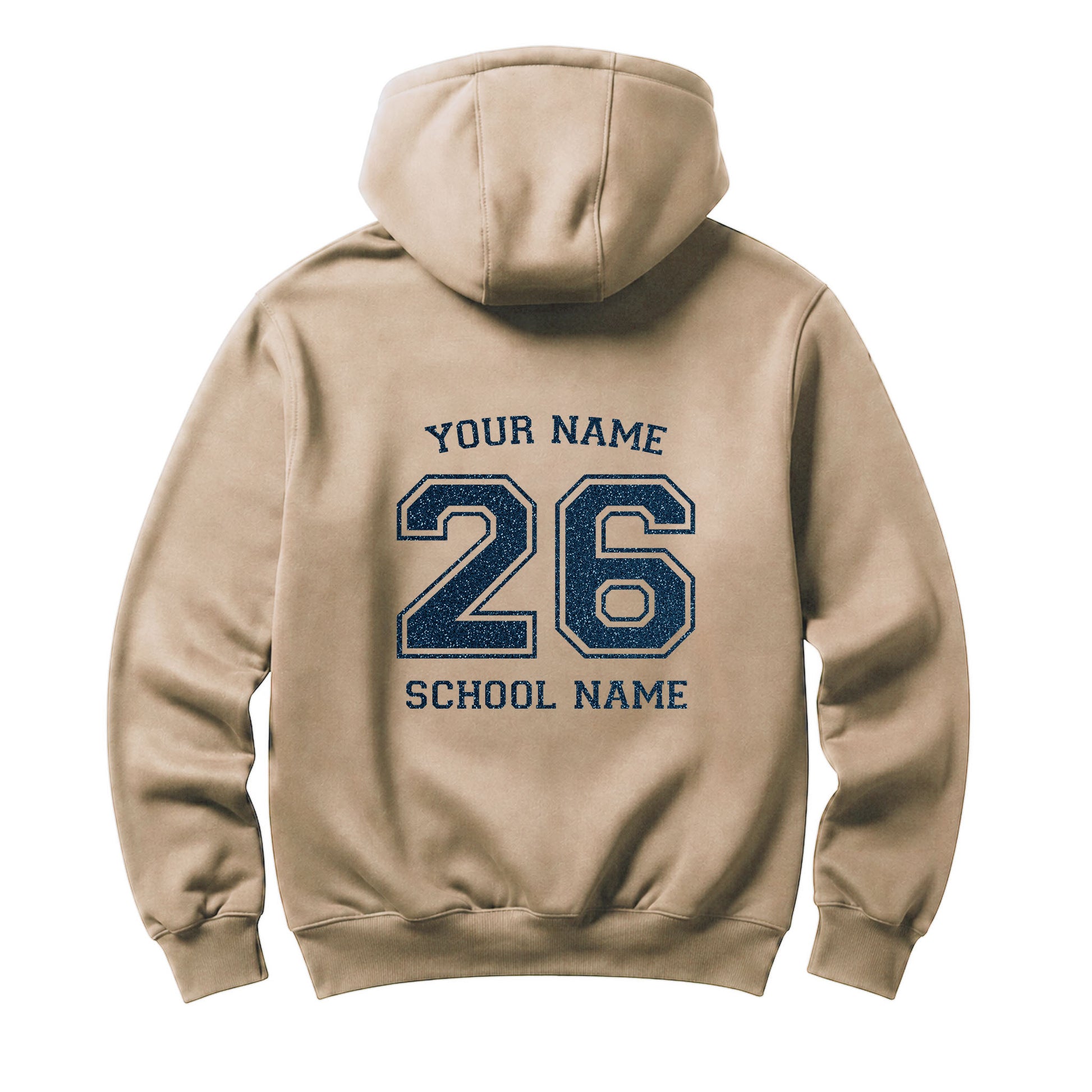 School leavers beige hoodie with custom iron-on "School & Name" design in navy blue glitter on the back. 