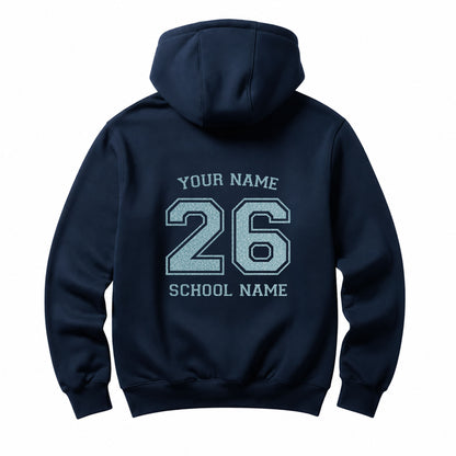 School leavers navy hoodie with custom iron-on "School & Name" design in neon blue glitter on the back.