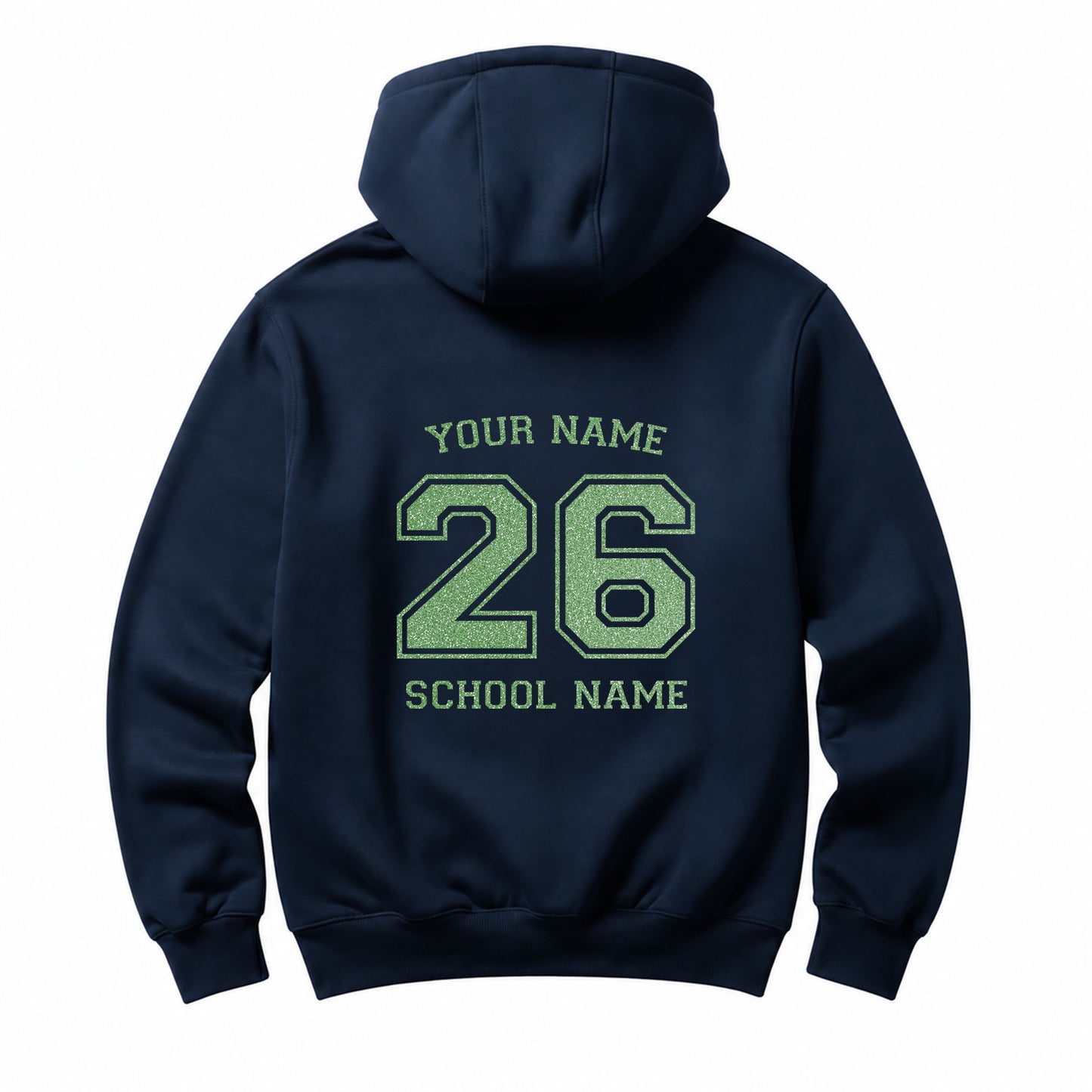 School leavers navy hoodie with custom iron-on "School & Name" design in neon green glitter on the back.