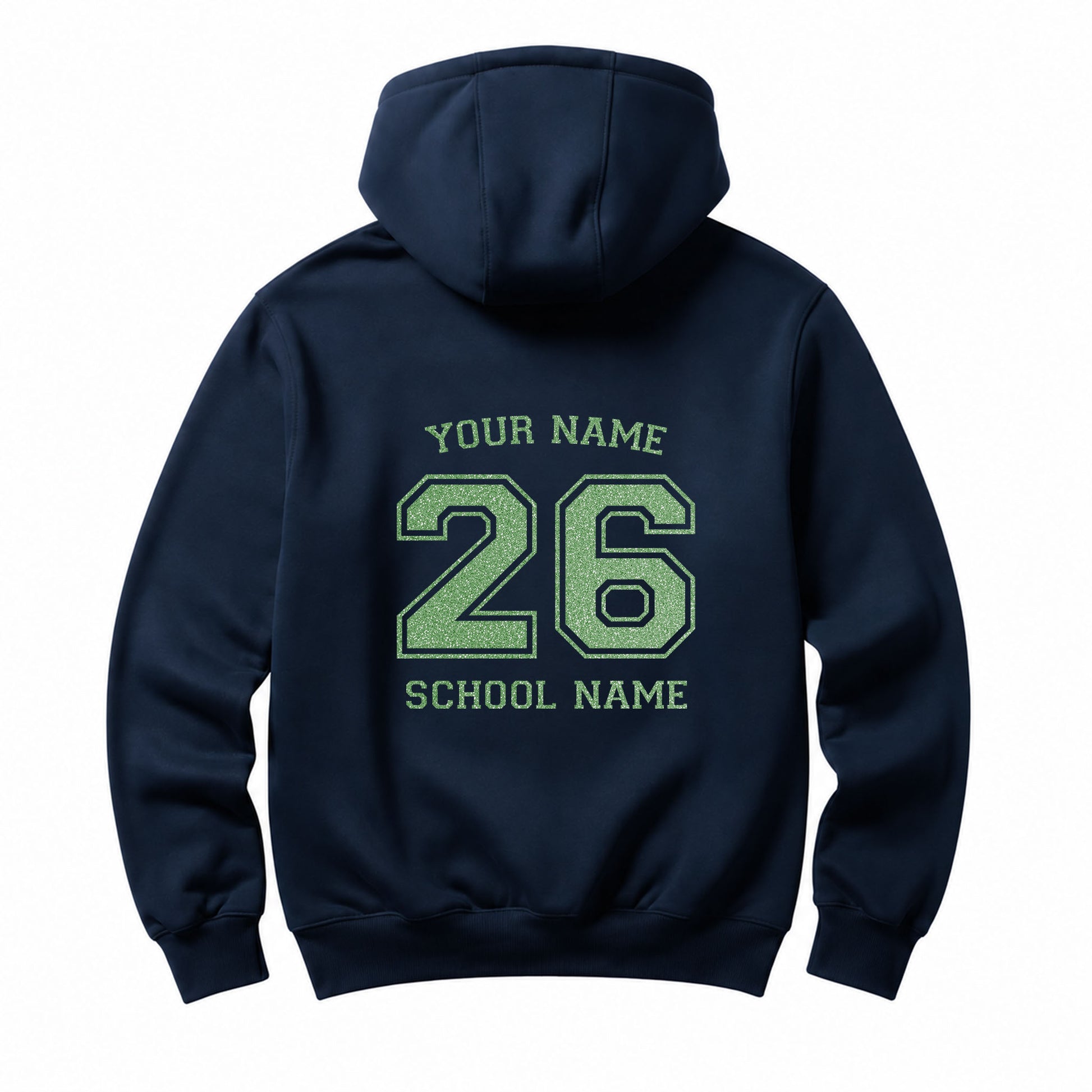 School leavers navy hoodie with custom iron-on "School & Name" design in neon green glitter on the back.