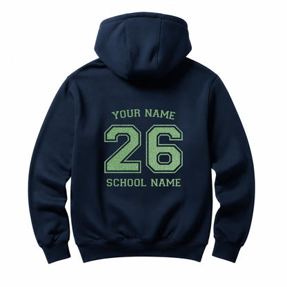 School leavers navy hoodie with custom iron-on "School & Name" design in neon green glitter on the back.