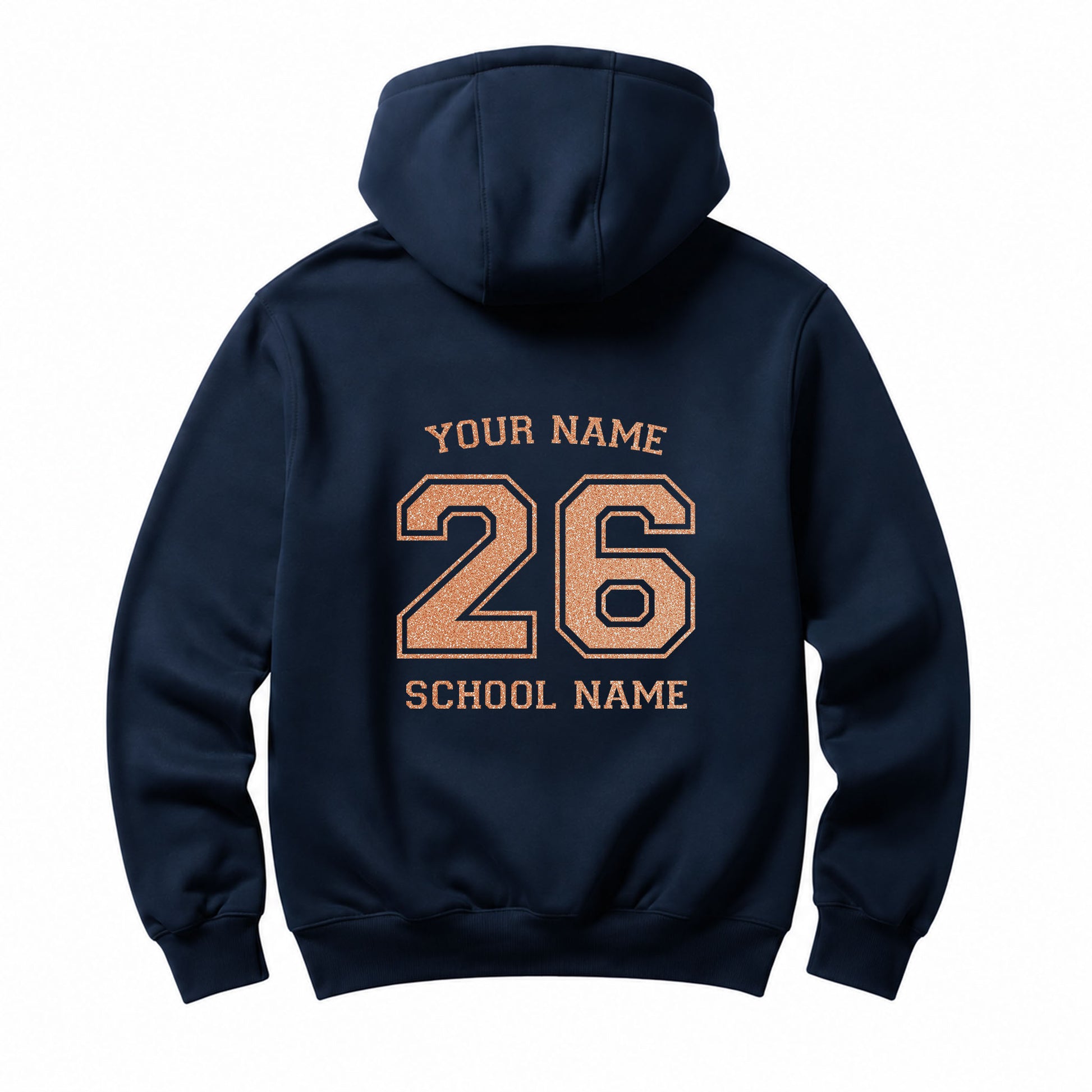 School leavers navy hoodie with custom iron-on "School & Name" design in neon orange glitter on the back.
