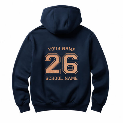 School leavers navy hoodie with custom iron-on "School & Name" design in neon orange glitter on the back.