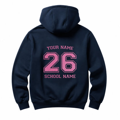 School leavers navy hoodie with custom iron-on "School & Name" design in neon pink glitter on the back.