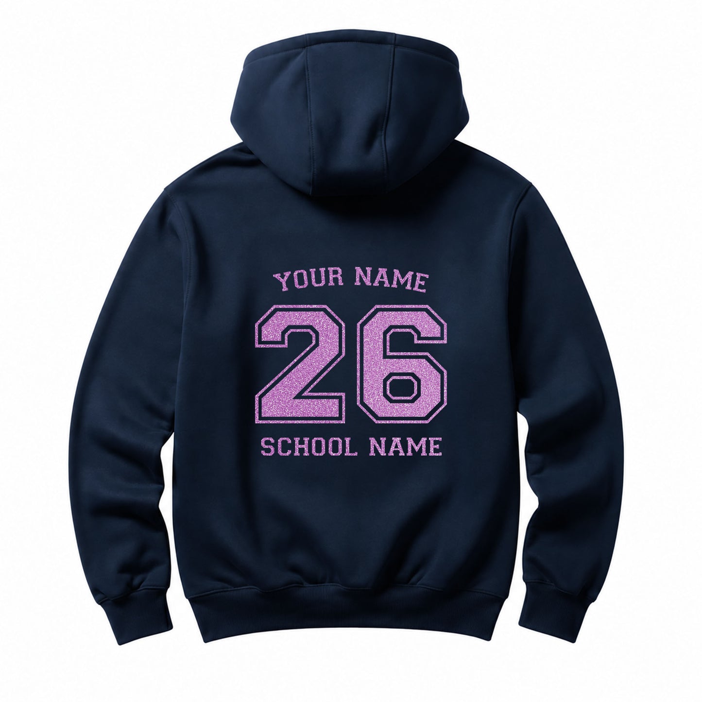 School leavers navy hoodie with custom iron-on "School & Name" design in neon purple glitter on the back.
