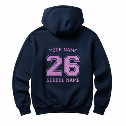 School leavers navy hoodie with custom iron-on "School & Name" design in neon purple glitter on the back.