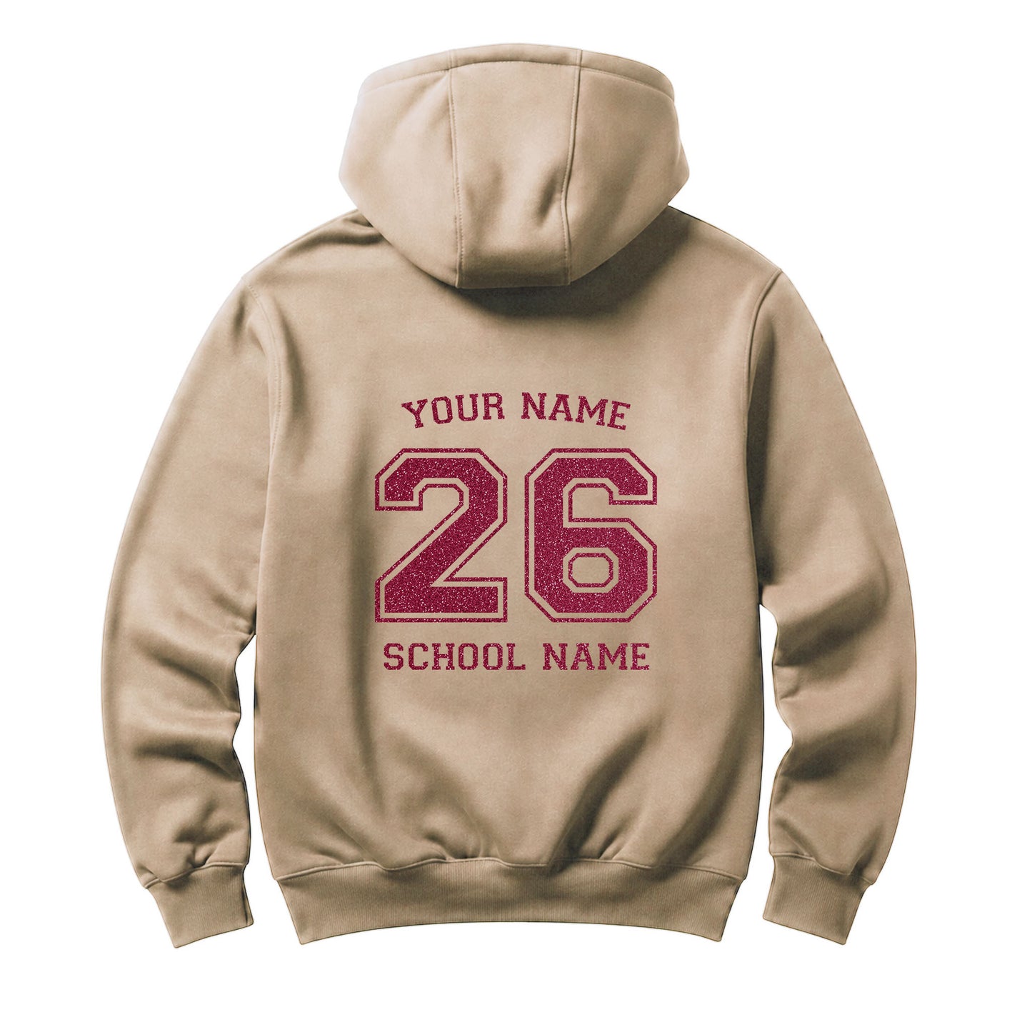 School leavers beige hoodie with custom iron-on "School & Name" design in pink glitter on the back.