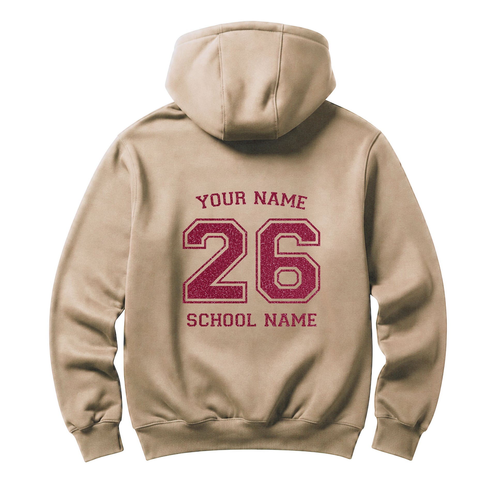 School leavers beige hoodie with custom iron-on "School & Name" design in pink glitter on the back.