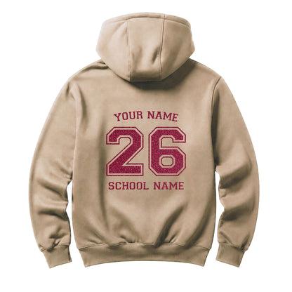 School leavers beige hoodie with custom iron-on "School & Name" design in pink glitter on the back.