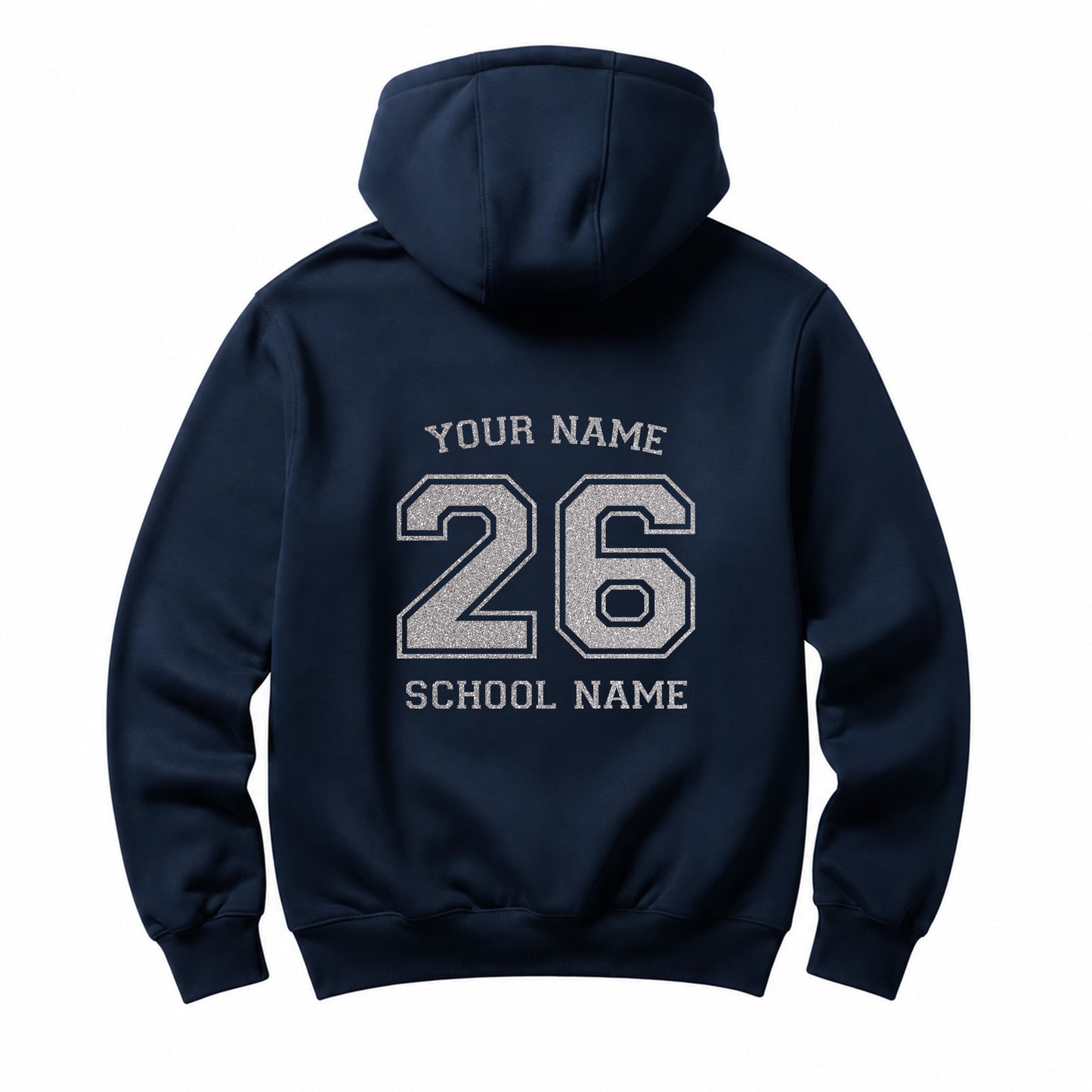 School leavers navy hoodie with custom iron-on "School & Name" design in rainbow white glitter on the back.