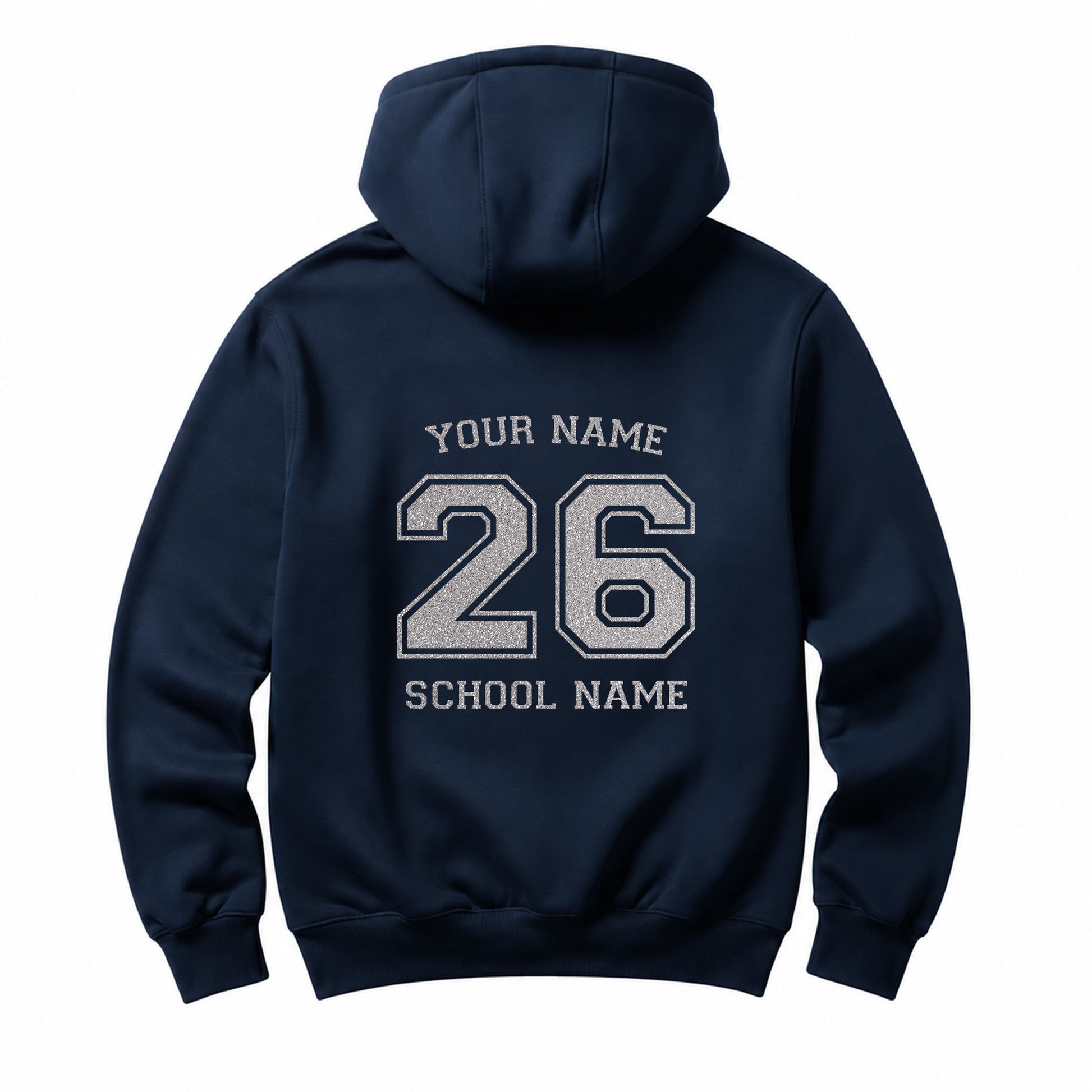 School leavers navy hoodie with custom iron-on "School & Name" design in rainbow white glitter on the back.