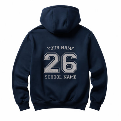 School leavers navy hoodie with custom iron-on "School & Name" design in rainbow white glitter on the back.