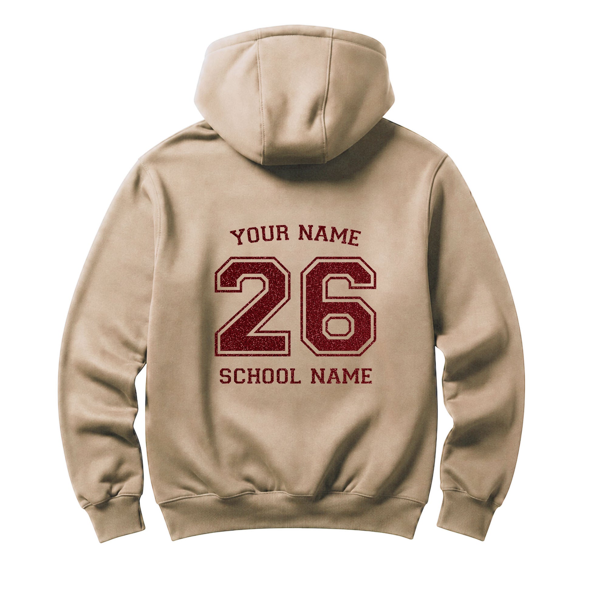 School leavers beige hoodie with custom iron-on "School & Name" design in red glitter on the back.