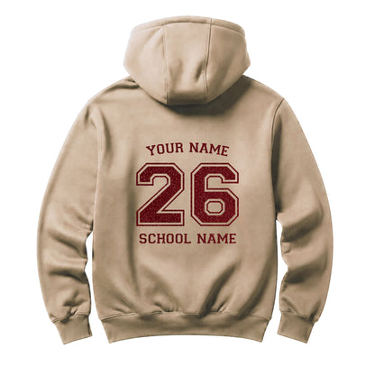 School leavers beige hoodie with custom iron-on "School & Name" design in red glitter on the back.