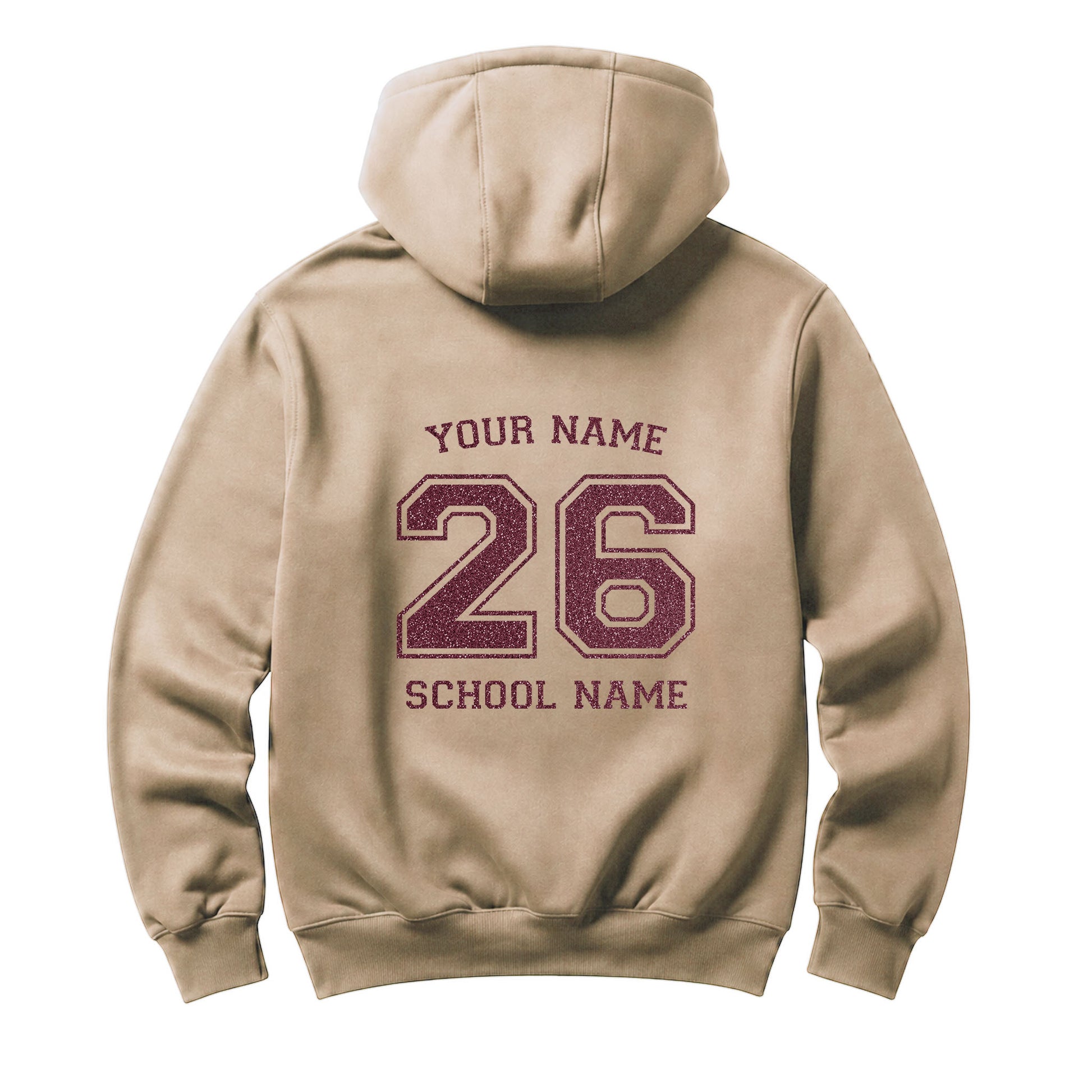 School leavers beige hoodie with custom iron-on "School & Name" design in rose gold glitter on the back.