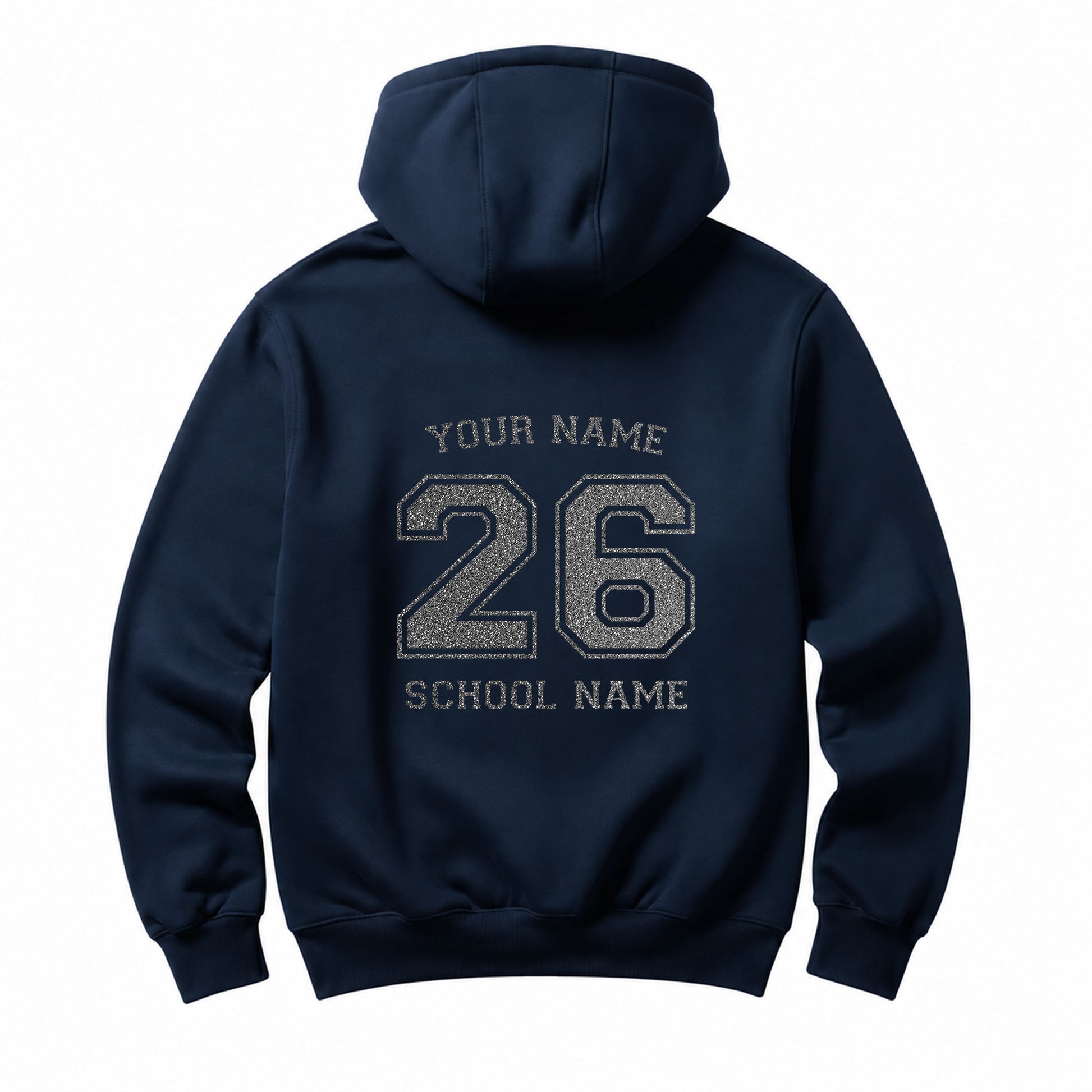 School leavers navy hoodie with custom iron-on "School & Name" design in silver glitter on the back.