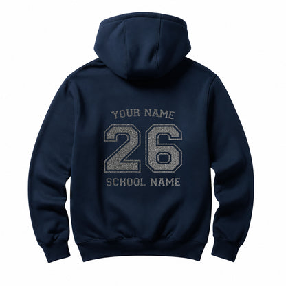 School leavers navy hoodie with custom iron-on "School & Name" design in silver glitter on the back.