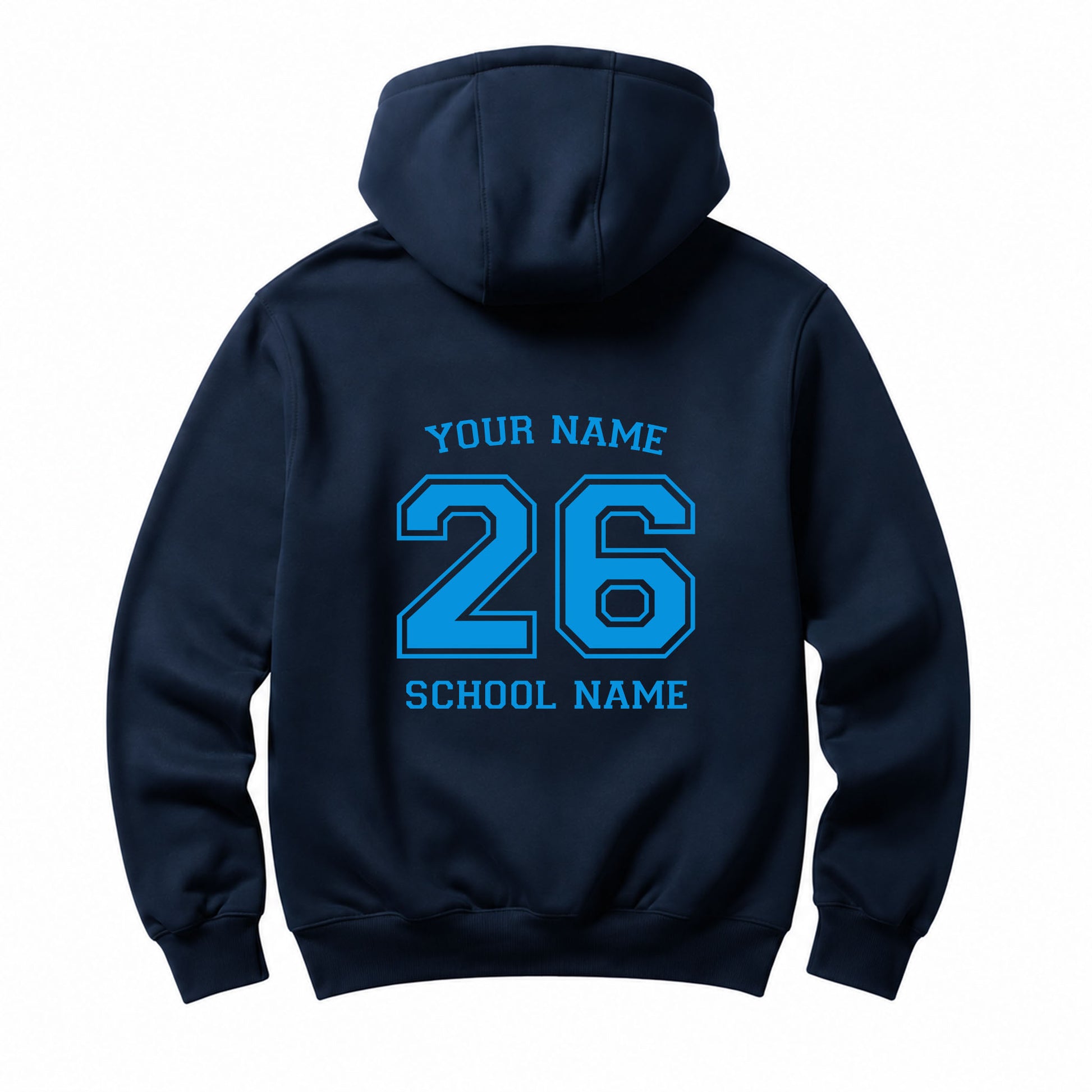 School leavers navy hoodie with custom iron-on "School & Name" design in light blue on the back.
