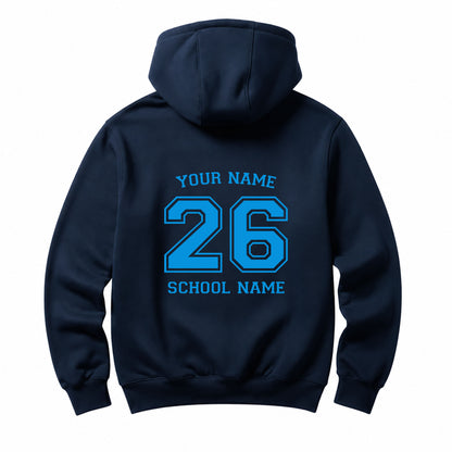 School leavers navy hoodie with custom iron-on "School & Name" design in light blue on the back.
