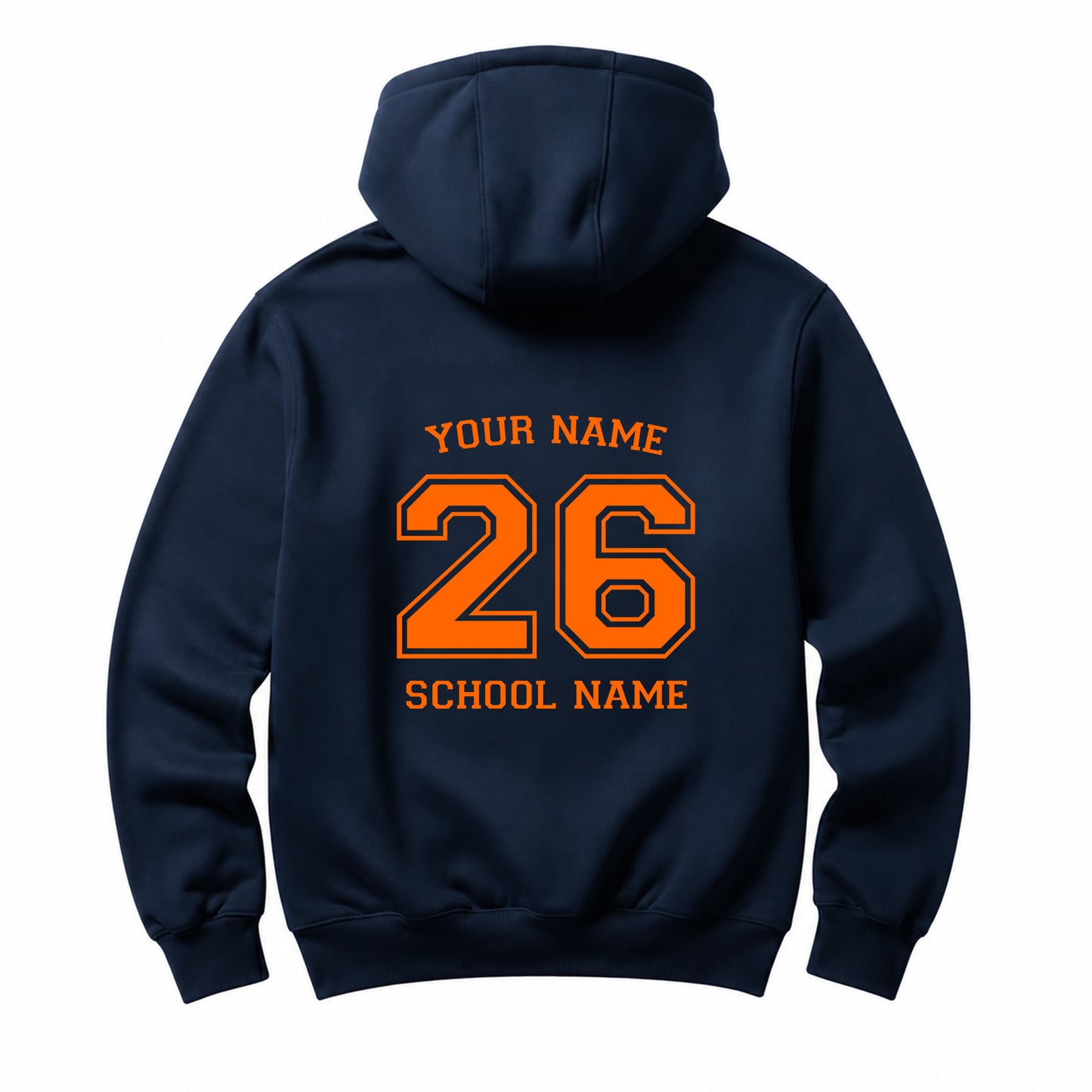 School leavers navy hoodie with custom iron-on "School & Name" design in light orange on the back.