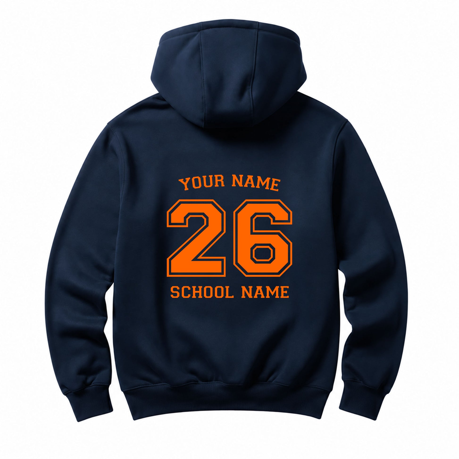 School leavers navy hoodie with custom iron-on "School & Name" design in light orange on the back.