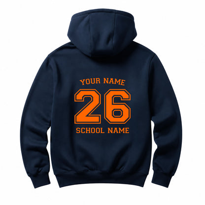 School leavers navy hoodie with custom iron-on "School & Name" design in light orange on the back.