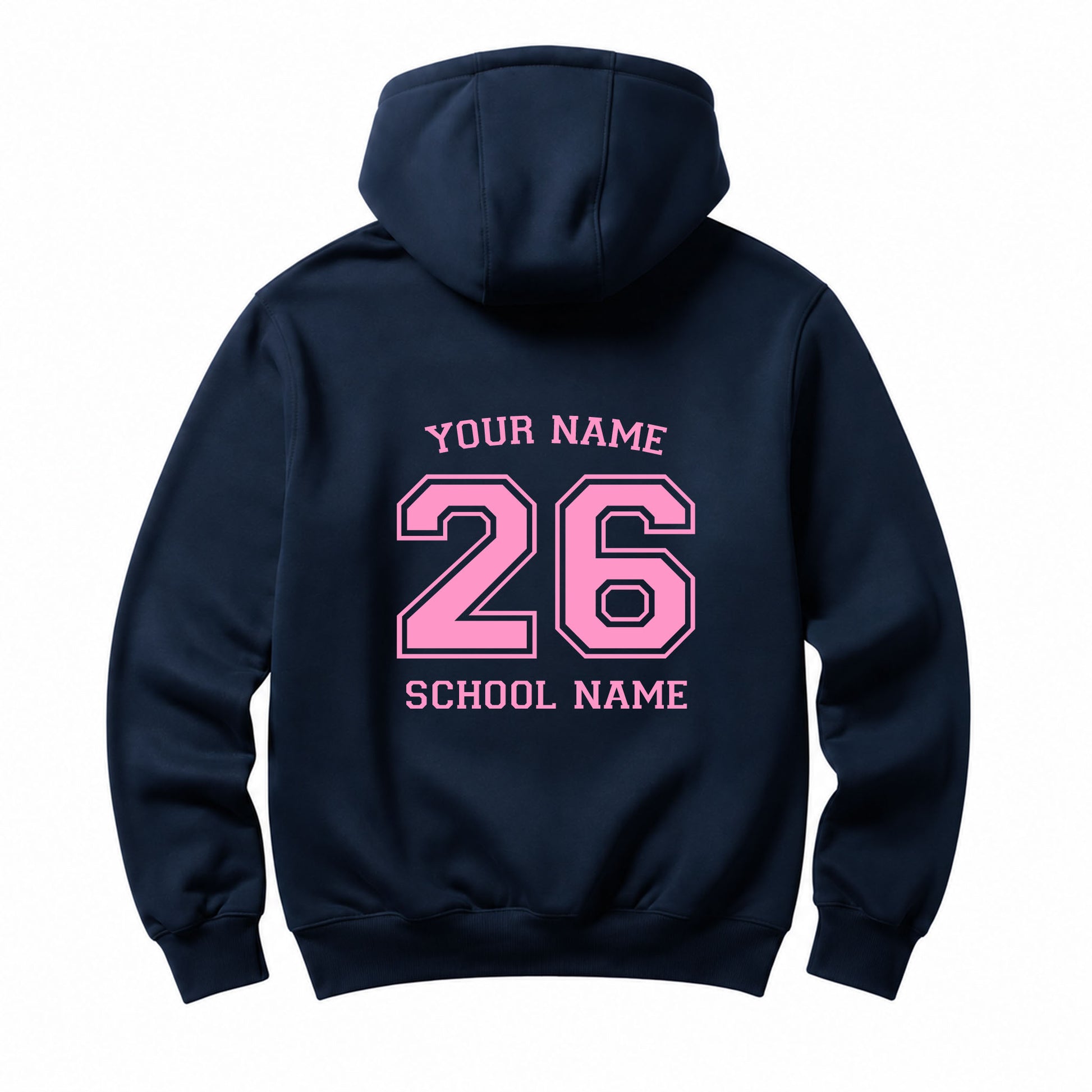 School leavers navy hoodie with custom iron-on "School & Name" design in light pink on the back.
