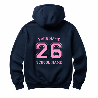 School leavers navy hoodie with custom iron-on "School & Name" design in light pink on the back.