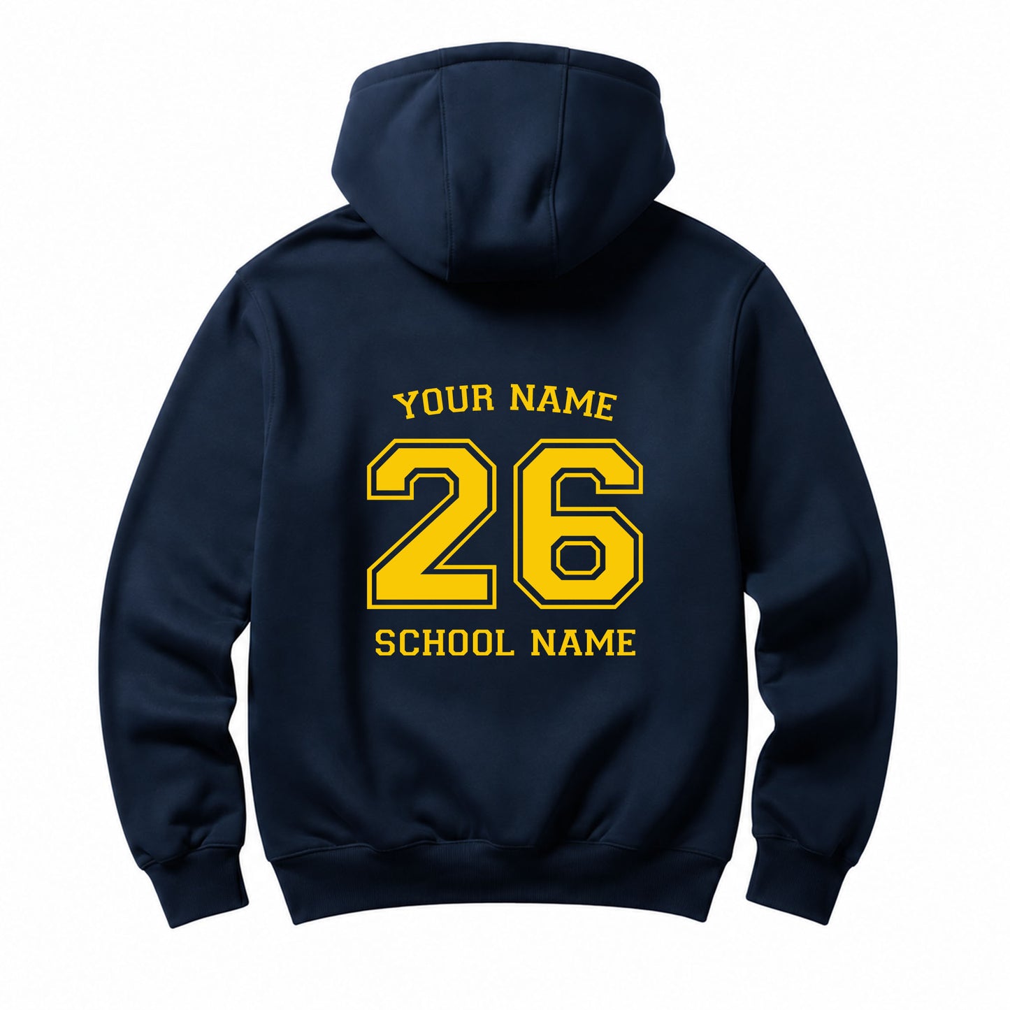 School leavers navy hoodie with custom iron-on "School & Name" design in light yellow on the back.