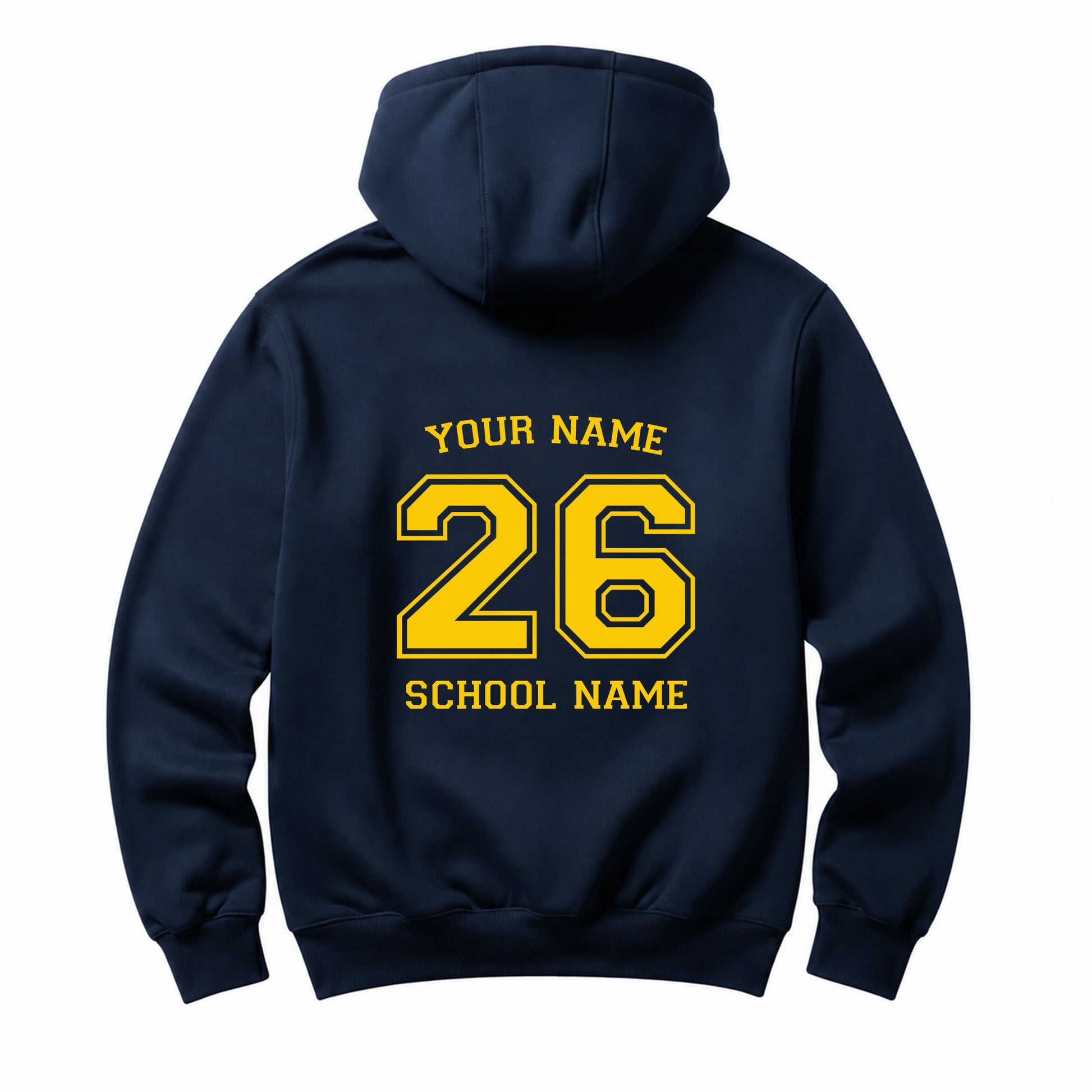 School leavers navy hoodie with custom iron-on "School & Name" design in light yellow on the back.